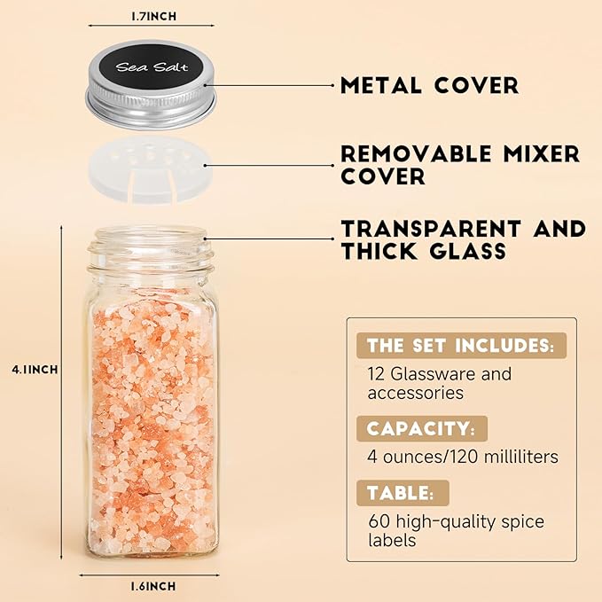 6Pcs Spice Jars with Label, 4oz Empty Square Seasoning Containers, Spice Jars with Shaker Lids, Small Spice Bottles for Salt, Herbs, Sugar, Pepper, Seasoning Jars for Spice Rack, Cabinet, or Drawer