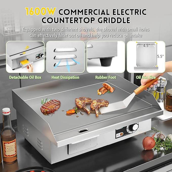 Moogiantgo Commercial Electric Griddle 22’’, 1600W Non-Stick Countertop Flat Top Grill Stainless Steel, Removable Oil Box, Adjustable Temperature 0-300℃, Teppanyaki Grill for Restaurant Kitchen, 110V