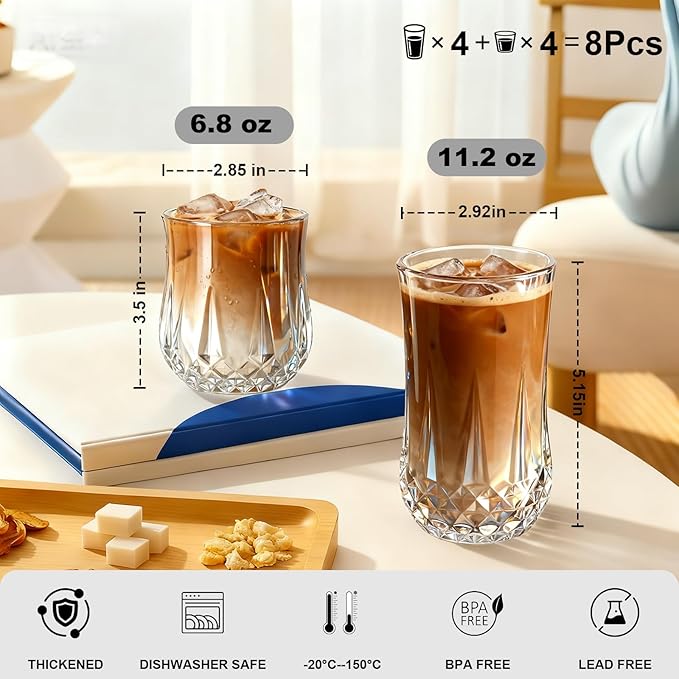Ruckae Drinking Glasses Set of 8,11 oz and 7 oz Kitchen Water Glass Cups Set,Clear Curvature Glassware Dishwasher Safe,Mixed Drinkware for Beer,Juice,Cocktail,Whiskey,Milk and Various Mixed Drinks