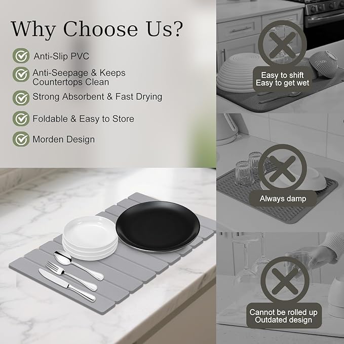 Hopegiver Stone Drying Mat for Kitchen Counter, 23.62"x15.35" Quick Dry Collapsible Mat Kitchen, Gray Absorbent Diatomaceous Earth Dish Drying Mat for Countertops, Sink, Bathroom, with Sanding Sponge