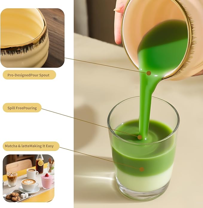 XiaoQuilismic-Matcha Whisk Set: Bamboo blender, matcha bowl, cute stand, ritual tool, Sieve - Family travel with golden texture details, 7-piece set, suitable bowl (yellow)