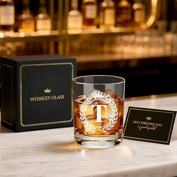 Whiskey Glasses - Rocks Old Fashioned Glass Gifts for Men, Monogrammed A-Z 10oz Personalized Whisky Glasses, Christmas Birthday Gifts for Men Him Dad Father Husband Brother Son (T)