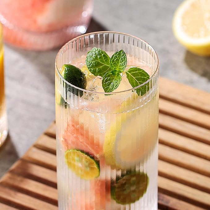 INSETLAN Glass Cups Vintage Glassware Set of 4 Small, Origami Style Transparent Cocktail Glasses Set, Bar Beverages Ice Coffee Cup Juice Ripple Drinkware, 270ml (S)