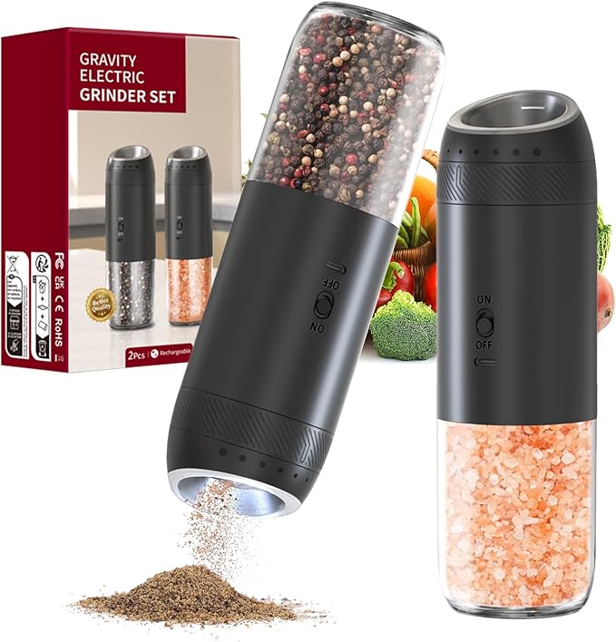Gravity Electric Salt and Pepper Grinder Set Rechargeable, External Adjustable Coarseness, Automatic Salt and Pepper Shakers Mill with LED Light, 6oz/176ml Large Capacity, House Warming Gifts (2 Pack)