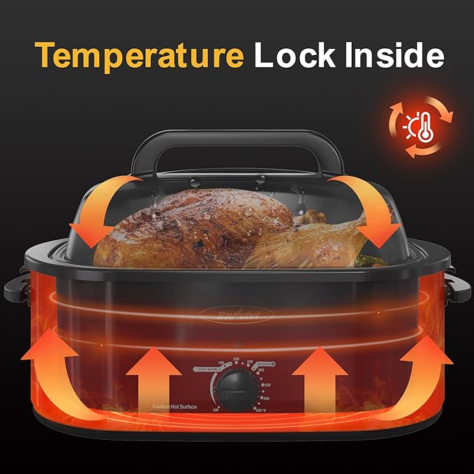Sunvivi Roaster Oven, Electric Roaster Oven with Viewing Lid, 28lb 24-Quart Turkey Roaster with Unique Defrost/Warm Function, Large Roaster with Removable Pan & Rack, Stainless Steel, Red