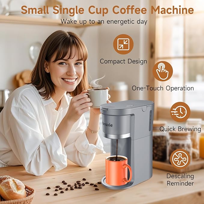 Small Single Serve Coffee Maker, 2 in 1 Fast Brew One Cup Coffee Machine, 6 to 12 oz. Brew Sizes, Capsule Coffee Machine with Descaling Reminder, Fits 5.5" Mug, Grey