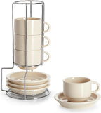 Sweese Porcelain Espresso Cups Set, 2.5 oz, Stackable with Saucers Metal Stand, Beige, 4 Pack