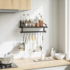 Love-KANKEI Floating Shelf Wall Shelf for Storage Rustic Wood Kitchen Spice Rack with Towel Bar and 8 Removable Hooks for Organize Cooking Utensils or Mugs Black/Brown Brackets