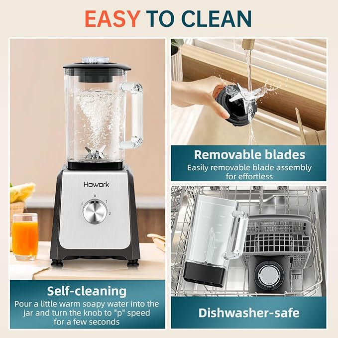 HOWORK Blender for Smoothies, 750W Personal Blender, 56 Oz Glass Jar, 16oz Portable Cups,2+P speed, 3 Functions for Smoothies, Frozen Drinks & Ice Cream,Grey