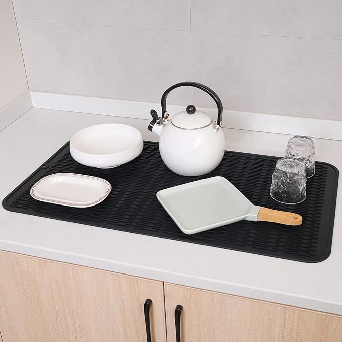 Silicone Dish Drying Mat for Multiple Usage,Easy clean,Eco-friendly,Heat-resistant Silicone Mat for Kitchen Counter or Sink,Refrigerator or Drawer Liner Black 4XL 32 inches x 18 inches
