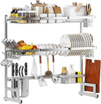 PUSDON Over Sink Dish Drying Rack Stainless Steel, Adjustable Large Dish Drainer for Storage Kitchen Organization Silver 3 Tier - Standard(34"-46")