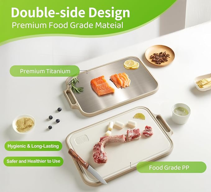 Titanium Cutting Board, Double Sided Cutting Board for Kitchen with Food Grade Pure Titanium and Wheat Straw PP, Easy to Clean, Stand-Up Design