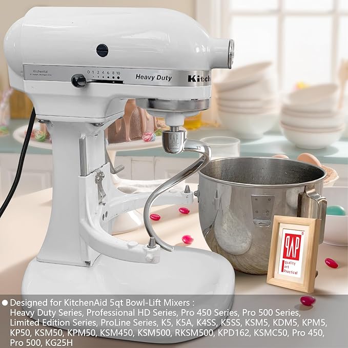 Durable Spiral Dough Hook - Compatible with KitchenAid Heavy Duty Series 5 Qt Bowl-Lift Stand Mixers（K4, K5, K5A, K5SS, KSM5, KDM5, KPM5, KP50, KSM50, KPM50, KSM450, KSM500, KPD162, KSMC50, PRO 500）
