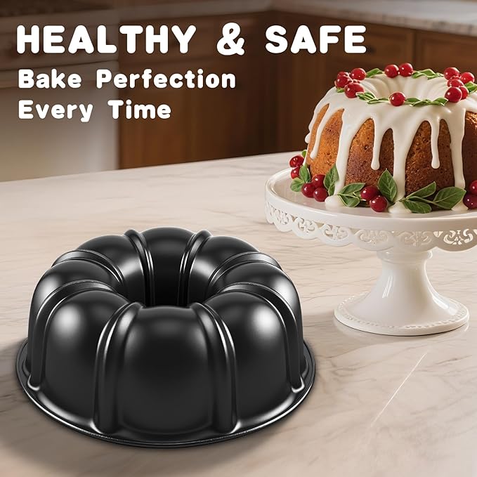 Bundt Cake Pan, 10-Inch Nonstick Round Fluted Tube Cake Baking Pan, Buntz Pound Cake Mold,Tube Bakeware,Baking Mold for Jello/Gelatin/Chocoflan/Flan, Non Toxic, Easy Clean - Black