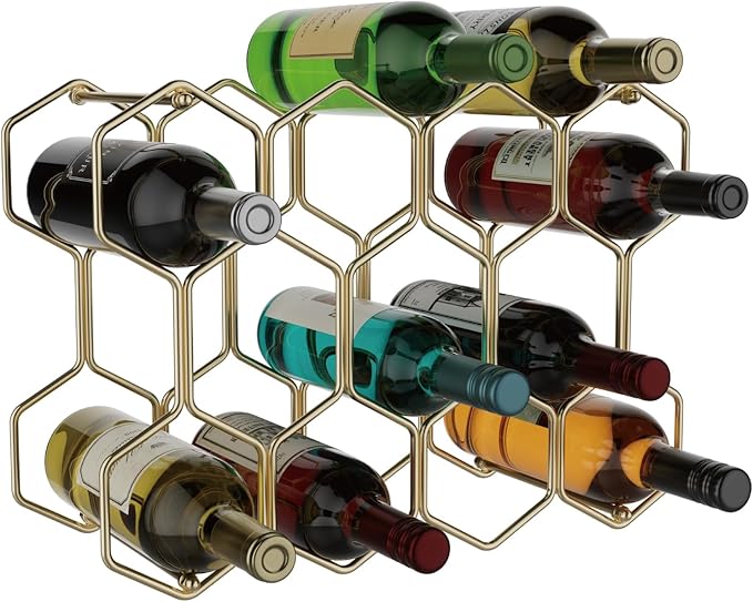 Buruis Countertop Wine Rack, 14-Bottle Modern Freestanding Metal Holder for Red and White Wine, Tabletop, Kitchen, Bar, and Cabinet Storage (Gold)