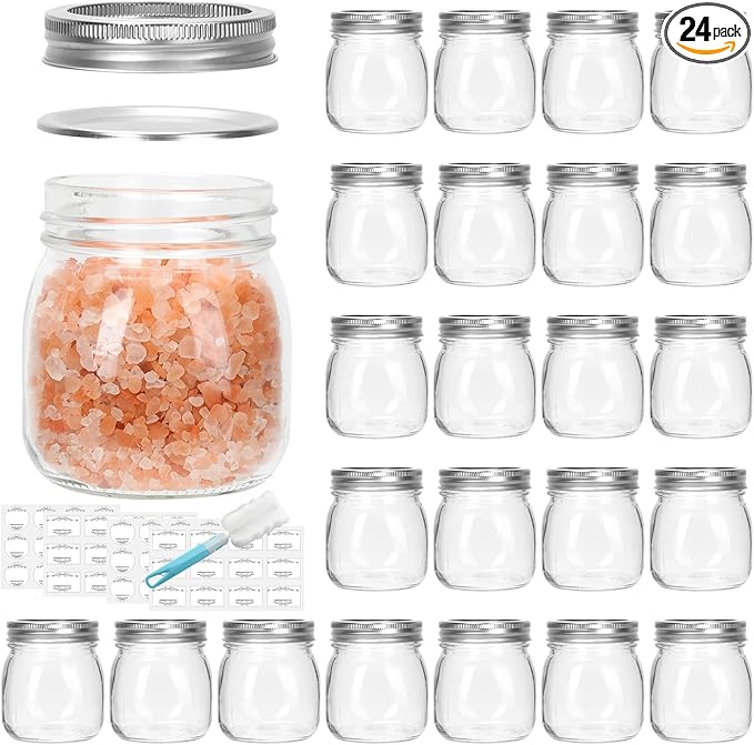 DHSBTLS Glass Regular Mouth Mason Jars, 24 Pack 10 oz Glass Canning Jars with Silver Aluminum Lids and Bands, Airtight Jars for Food Storage, Canning, Overnight Oats, Fermenting, Pickling, Decor
