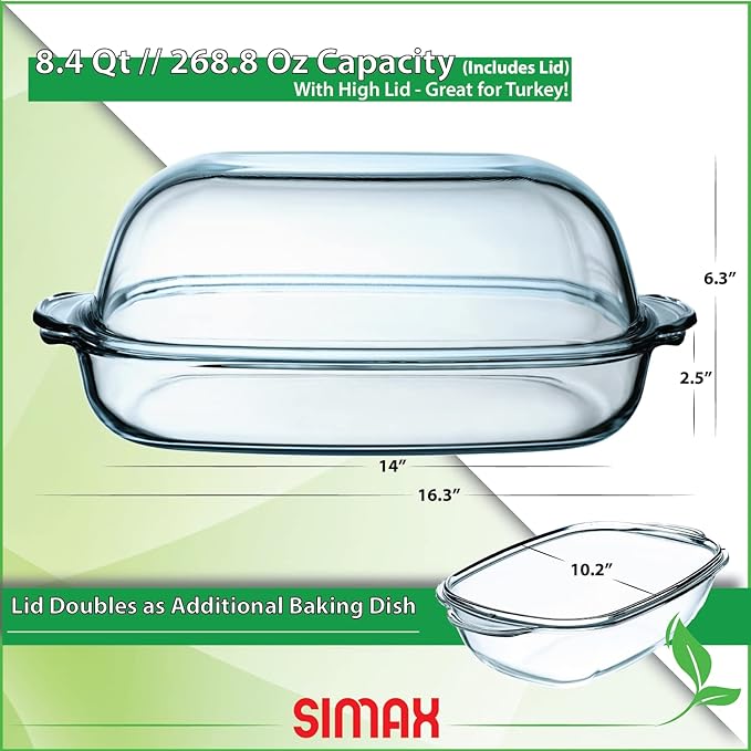 Simax Casserole Dish For Oven, 8 Quart Glass Baking Dish With High Lid Set, Microwave, Oven, and Dishwasher Safe Cookware, Borosilicate Glassware, Large Baking Dish
