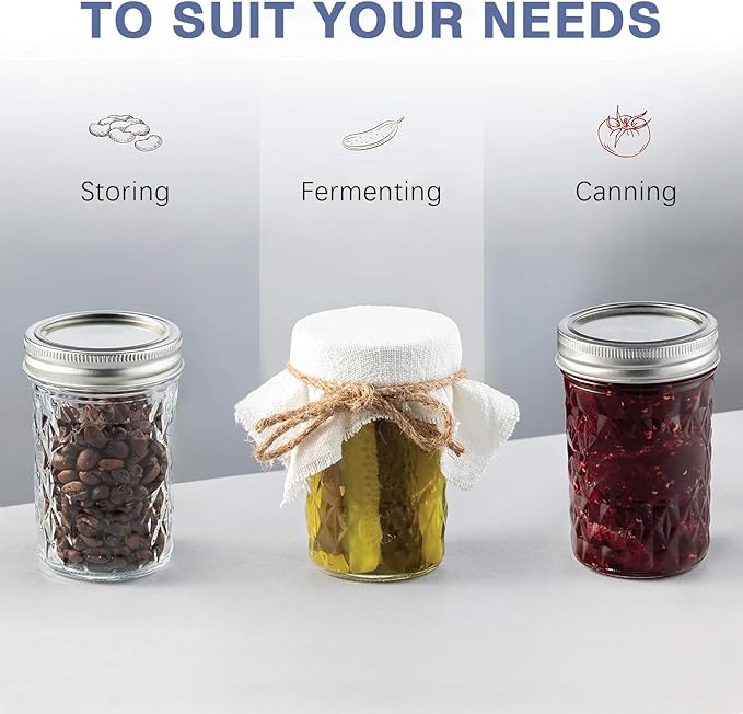 Canning Jars 16 oz Wide Mouth 6-Pack - Quilted Glass Jars with Lids & Bands, Airtight Containers for Pickling, Candles, Overnight Oats, Home Decor, Fruit Preserves