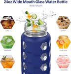 MUKOKO 24oz Glass Water Bottle with 2 Lids-Handle Flip Lid&Bamboo Straw Lid,Motivational Water Tumbler with Time Marker Reminder and Silicone Sleeve, Leakproof-Blue