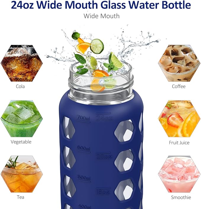 MUKOKO 24oz Glass Water Bottle with 2 Lids-Handle Flip Lid&Bamboo Straw Lid,Motivational Water Tumbler with Time Marker Reminder and Silicone Sleeve, Leakproof-Blue