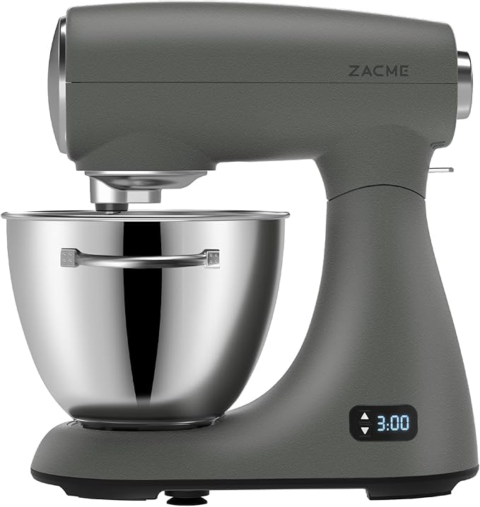 ZACME Mixers Kitchen Electric Stand Mixer 5.5QT 600W, Aluminum die casting and Gears, Dual Cooling System, Low Noise, DC Motor, LED Display and Timing Function, Tilt-head Metal Food Mixer, Grey