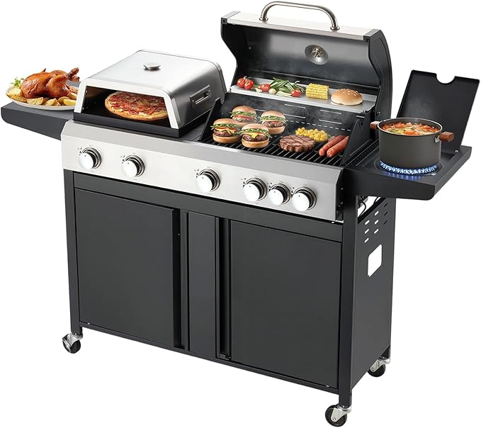 MELLCOM 3 IN 1 Pizza Griddle Grill Combo, 74,000 BTU 5 Burner Stainless Steel Propane Gas Grill with Side Burner,Pizza Oven, Griddle and Porcelain Enameled Cast Iron Grates for Outdoor Patio Backyard