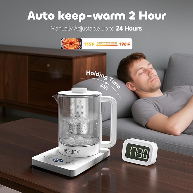 Electric Tea Kettle with Infuser, 1.5L Glass Water Boiler with Temperature Control, 24H Keep Warm & Auto Shut-Off, White
