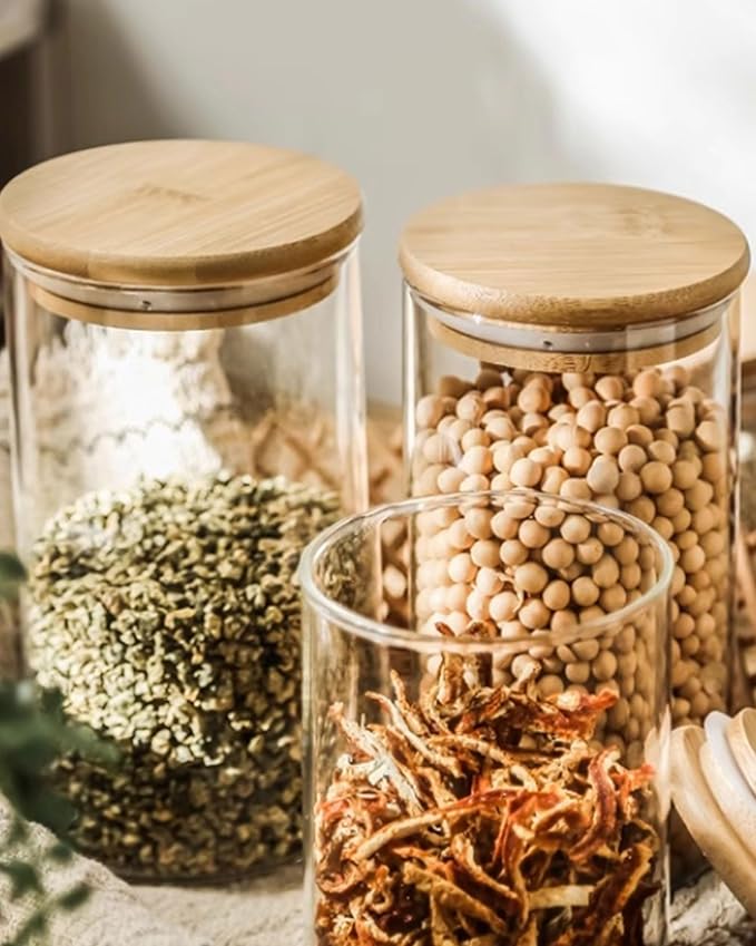 Glass Jars with Bamboo Lids [Muti Size Set of 5], Glass Canisters with Airtight Lids, Glass Food Storage Containers for Pasta, Oats, Coffee, Flour, Sugar, Rice, Best for Kitchen & Pantry