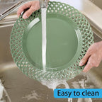 Graceful Basketweave Wide Rim 12 inch Dinner Plates, Extra Large Round Platter Scallop Serving Tray Set of 4, for Restaurant, Kitchen, Party, Home, Wedding, Gift, Microwave Dishwasher Safe, Sage Green