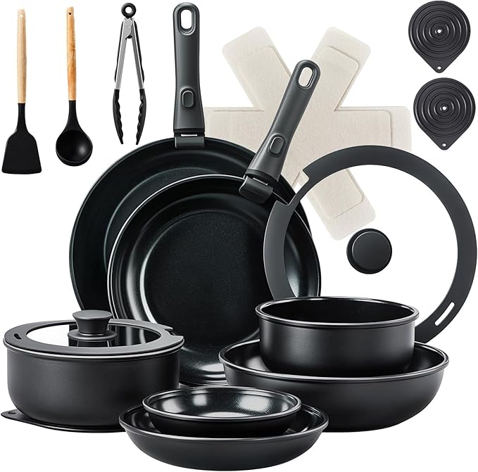 ROVSUN 23 PCS Non-Stick Cookware Set, Cast Aluminum Pots and Pans Set with Removable & Detachable Handles, Induction RV Kitchen Cook Set, Dishwasher Safe, PFAS PFOA & PFOS Free, for Home