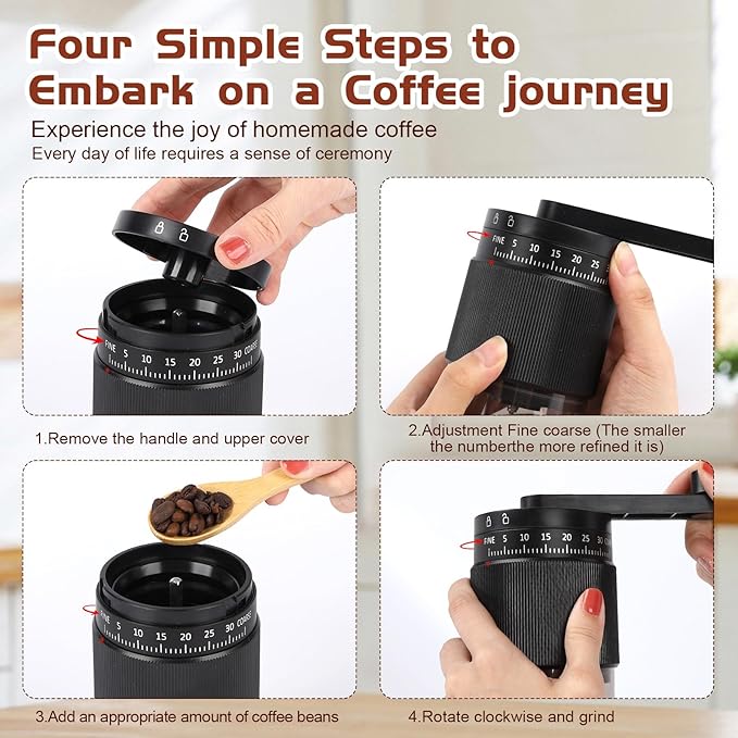 Manual Coffee Grinder - 95 Ceramic Burr, Adjustable Coarse to Fine, 30g Beans & 80ml Powder, Detachable Handle for Espresso, French Press, Camping (Black and grey)