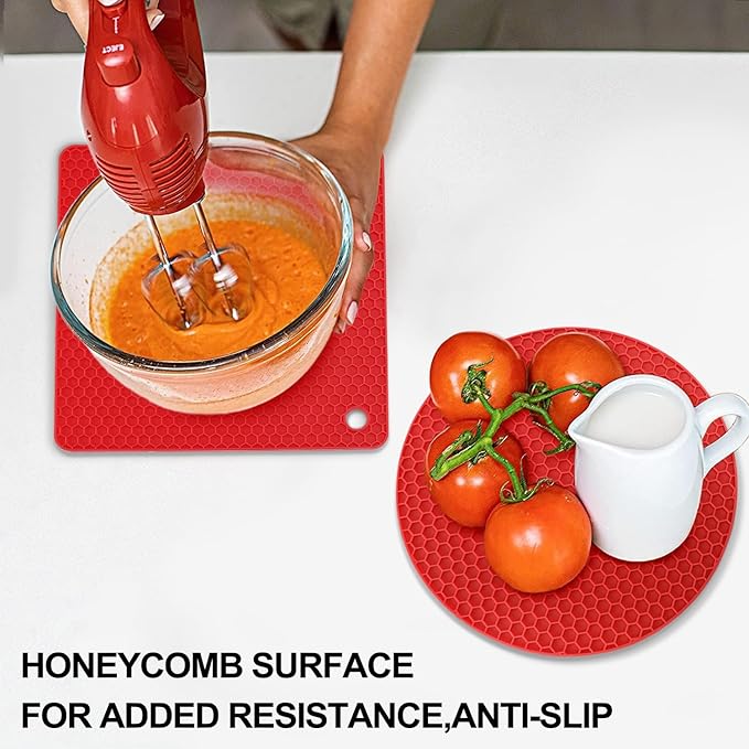 Silicone Trivets for Hot Pots and Pans, 4PCS Flexible Multipurpose Hot Pads Pot Holders, Heat Resistant Trivet Mats for Hot Dishes, Soft Non-Slip Silicone Mat for Kitchen Counter(Red)