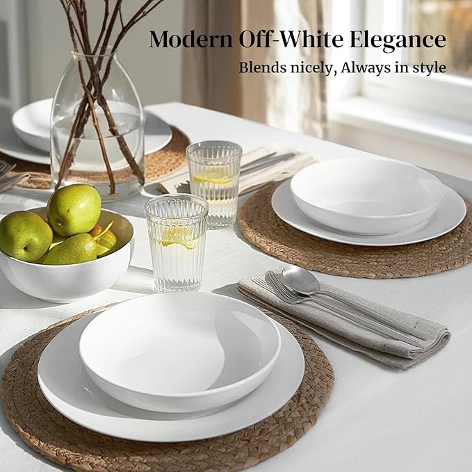 DOWAN 8.5" Pasta Bowls, 32oz Salad Bowls Set of 6, Natural White Ceramic Serving Bowls, Porcelain Plate Bowl Serving Dish Shallow Bowls Set for Kitchen, Microwave Dishwasher Safe