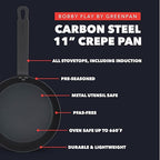 GreenPan x Bobby Flay 11" Carbon Steel Crepe Pan, Pre-Seasoned, Nontoxic, PFAS-Free, Induction Compatible, Pancake & Omelet Flat Griddle, High-Heat & Oven Safe Cookware, Cast Iron Alternative