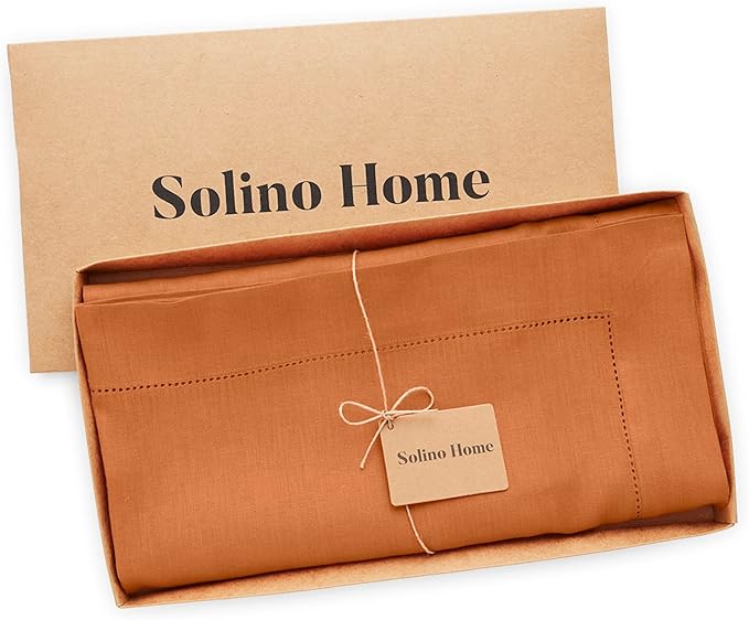 Solino Home Linen Square Tablecloth 52 x 52 Inch - 100% Pure Linen Pumpkin Table Throw - Classic Hemstitch, Machine Washable Table Cloth for Fall, Autumn, Halloween