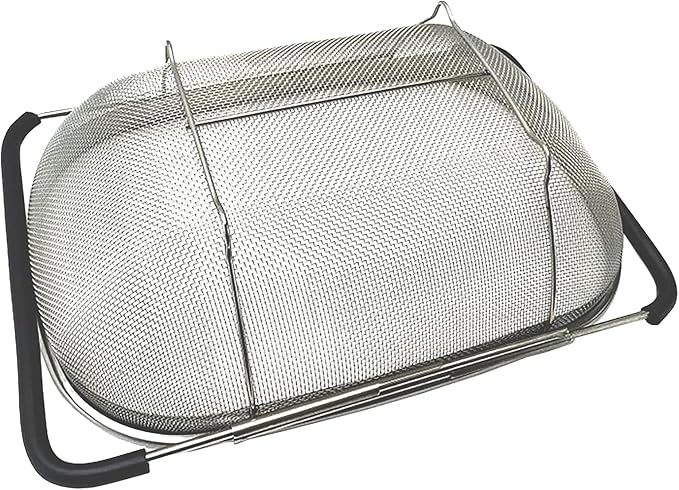 Over The Sink Stainless Steel Oval Colander with Expandable Rubber Grip Handles Strainers, Fine Mesh Strainer Basket Kitchen 6 Quarts Colander for Strain, Drain, Rinse Fruits, Vegetables