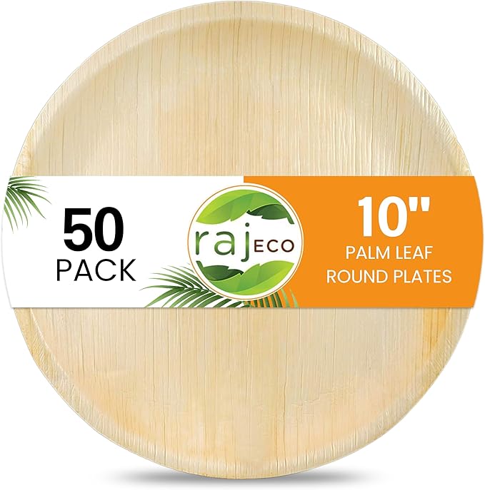 Raj Palm Leaf Plates [50-Pack] 10" Round Plates like Bamboo plates Disposable, Strong, Decorative Compostable Tableware for wedding, Lunch, Dinner, Birthday, Camping, Outdoor BBQ, Picnic…