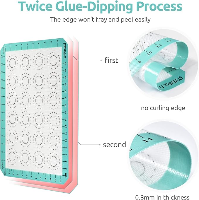 446ºF Heat Resistant Macaron Mat: U-Taste 14.17x9.44in Non Stick Silicone Baking Mat, Reusable Cookies Pastry Sheet Liner with Edge Enhancement & Circle Measurement for Cake Pan (Aqua Sky)