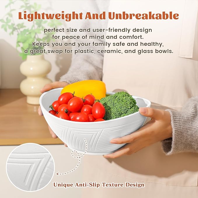 Homienly Wheat Straw Bowls, Large Salad Bowls Set of 6, 60 OZ Large Capacity Serving Bowl for Kitchen, Picnic, Camping,Lightweight Unbreakable Microwave and Dishwasher Safe Big Bowl - White