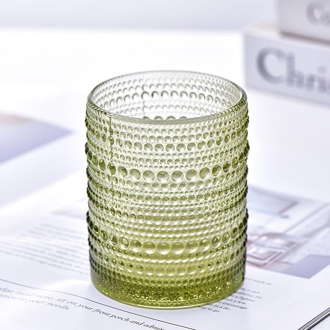 XKXKKE Hobnail Beaded Drinking Glasses Set of 6, 12 oz Vintage Glassware Set Romantic Water Glasses Tumbler, Water Cups, Clear Embossed Glassware Set for Beer, Juice, Cocktail, Soda, Beverages Green