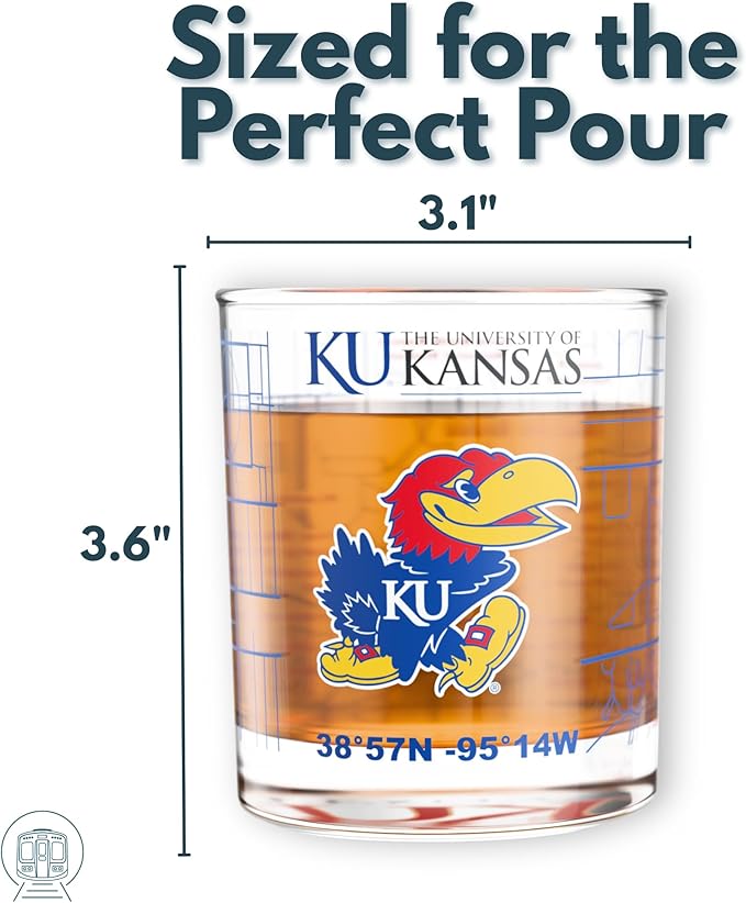 Greenline Goods – University of Kansas Jayhawks College Whiskey Glasses (Set of 2), 10 oz – Full-Color Logo + Campus Map