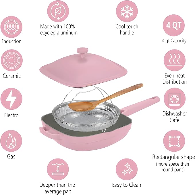 Nonstick Ceramic Saute Pan with Steamer, All-in-One Pan, PFOA,PFOS,Lead & Cadmium Free,Dishwasher Safe,4 Qt,11-inch, Pink, Stay-cool Handle,non stick chef's pan