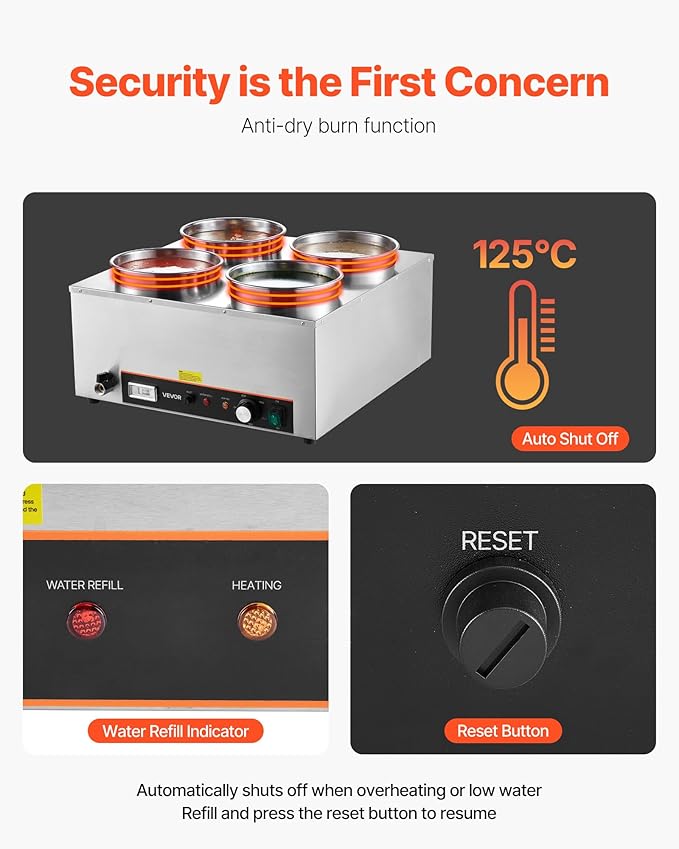 VEVOR Electric Soup Warmer, Four 6.34QT Stainless Steel Round Pot with 86~185°F Adjustable Temp, 1500W Commercial Bain Marie with Anti-Dry Burn and Reset Button, Soup Station for Restaurant, Buffet