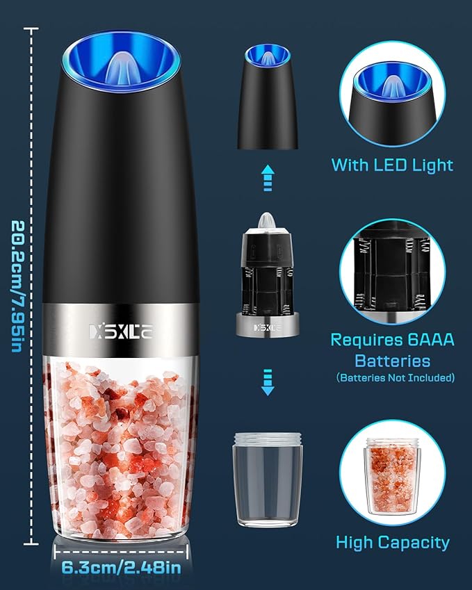 XinXu Gravity Automatic Electric Pepper and Salt Grinder, Auto Salt or Pepper Mill Shaker Stainless Steel,Blue LED Light,One Hand Operated, Black