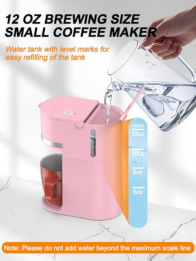 Single Serve Coffee Maker for K-Cup and Ground Coffee, Fast Brew, 6-12 oz Brew Sizes One Cup Coffee Machine Fits 5.5" Mugs, One-Button Small Coffee Maker with Descaling Reminder,Pink