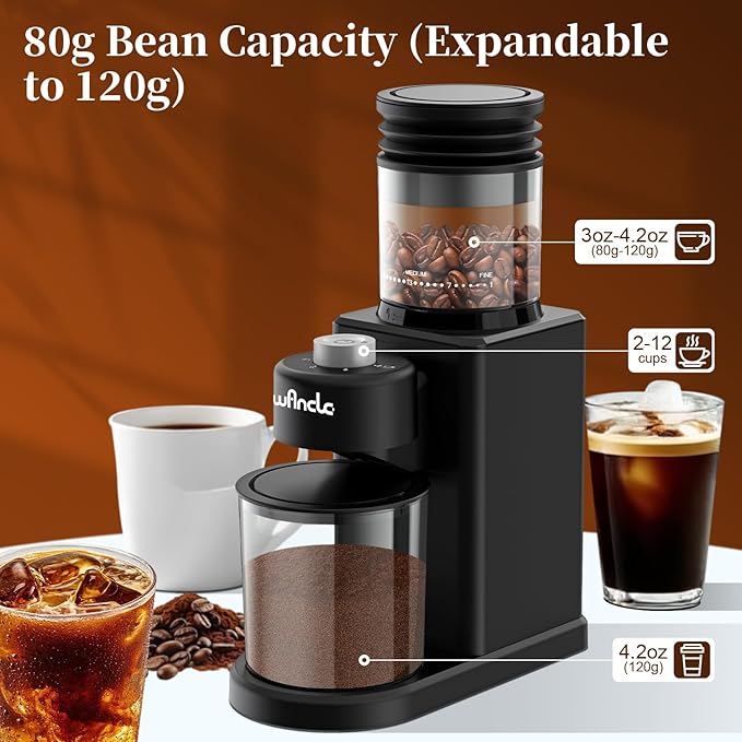 Wancle Conical Burr Coffee Grinder Electric, Coffee Bean Grinder, 25 Grind Settings-Adjustable for Espresso French Press Drip, 2-12 Cup Capacity, Low Noise, 80g Bean Capacity (Expandable to 120g)
