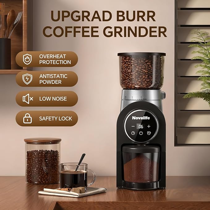Electric Coffee Grinder, Burr Coffee Beans Grinder with 30 Grinding Settings, Burr Mill Grinder for Home Use, Touchscreen Adjustable 2-10 Cups or 40-Second Timer, Stainless Steel