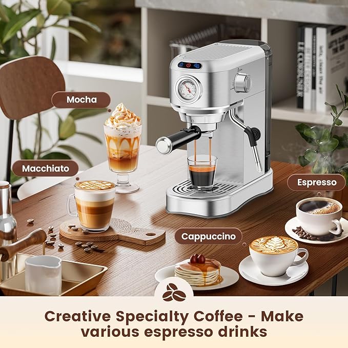 Espresso Machine 20 Bar, Compact Espresso Maker, Stainless Steel Expresso Coffee Machines with Steam Milk Frother & 34oz Removable Water Tank for Home Latte, Cappuccino, Silver