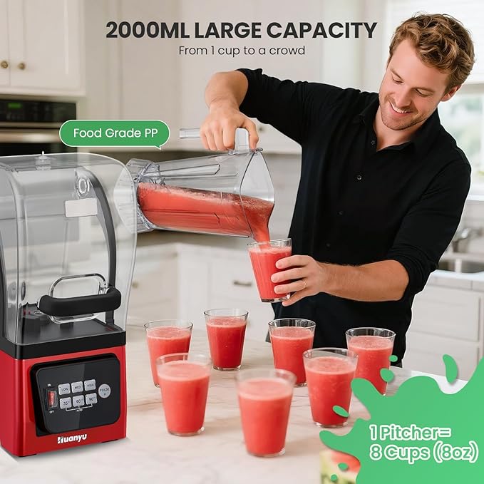 Huanyu Commercial Blender 2L 68OZ 2200W Quiet Professional Blenders with Sound Enclosure for Smoothies with Self-Cleaning Function Red