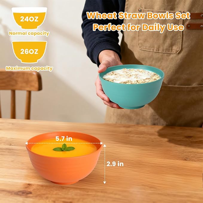 Homienly Plastic Bowls Alternative, Unbreakable Wheat Straw Cereal Bowls 8 PCS - Microwave & Dishwasher Safe Bowl for Cereal, Snack, Rice, Salad, Soup Bowls for Kitchen, Camping, Party(Muliti,26 OZ)